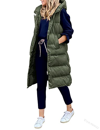 GuliriFe Lange Jacke Weste für Damen Ärmellose Daunenweste Kapuzenweste Lange Steppweste Winteroberbekleidung (Armeegrün, L) von GuliriFe