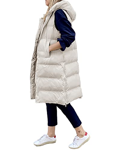 GuliriFe Lange Jacke Weste für Damen Ärmellose Daunenweste Kapuzenweste Lange Steppweste Winteroberbekleidung (Beige, L) von GuliriFe