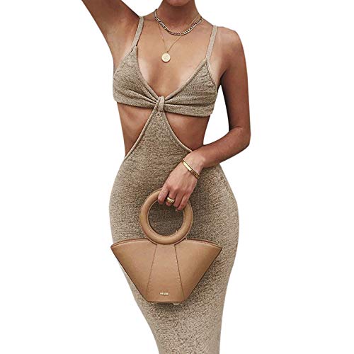 Neckholder Rückenfrei Bandage Sommerkleid Cut Out Criss Cross Wrap Maxikleid Y2K Sexy Strick Bodycon Lang Tank Kleid, khaki, Small von GuliriFe