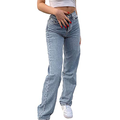 Damen Jeans mit hoher Taille, einfarbig, Baggy, gerade, weites Bein, Denim-Hose, Y2k, E-Girls, legere Hose, Streetwear, W-hellblau, S von GuliriFei