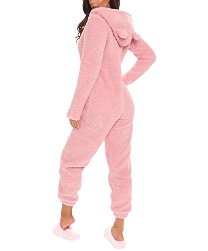 Damen Plüsch Pyjama Set Onesies Schlaf Overall Fleece Reißverschluss Hoodie Strampler Langarm Ohren Hut Nachtwäsche Gr. 46, rose von GuliriFei