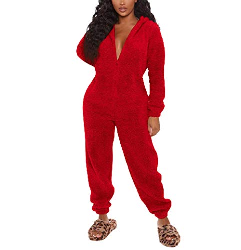 Damen Plüsch Pyjama Set Onesies Schlaf Overall Fleece Reißverschluss Hoodie Strampler Langarm Ohren Hut Nachtwäsche Gr. Medium, rot von GuliriFei