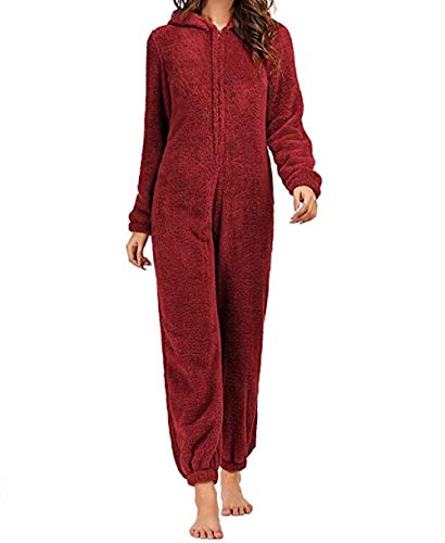 Damen-Pyjama-Set, Fleece, Einteiler, Jumpsuit, Plüsch-Strampler, Reißverschluss, Kapuzenpullover, hoher Halsausschnitt, Nachtwäsche Gr. 52, weinrot von GuliriFei