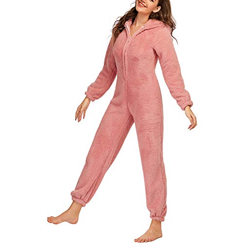 Damen-Pyjama-Set, Fleece, Einteiler, Jumpsuit, Plüsch-Strampler, Reißverschluss, Kapuzenpullover, hoher Halsausschnitt, Nachtwäsche Gr. 54, rose von GuliriFei