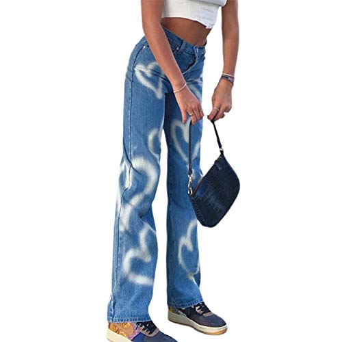 Damen Y2K High Waist Weites Bein Jeans Herz Print Straight Denim Vintage Jeans Casual Baggy Hose Streetwear Gr. 42, blau von GuliriFei