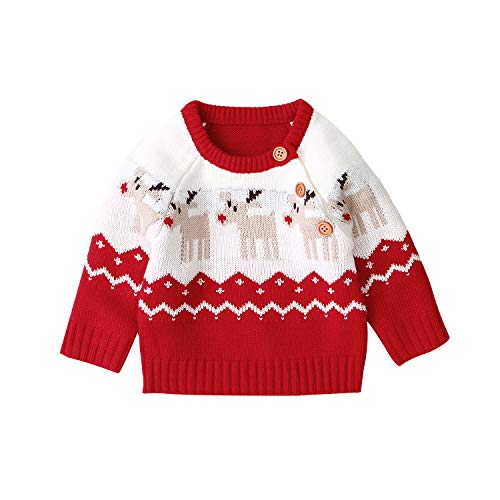 GuliriFei Baby Mädchen Jungen Baby Weihnachtspullover Deer Pullover Sweatshirt Weiche Strick Winter Jacke Button-Up Cardigan (rot, 0-3 Monate) von GuliriFei