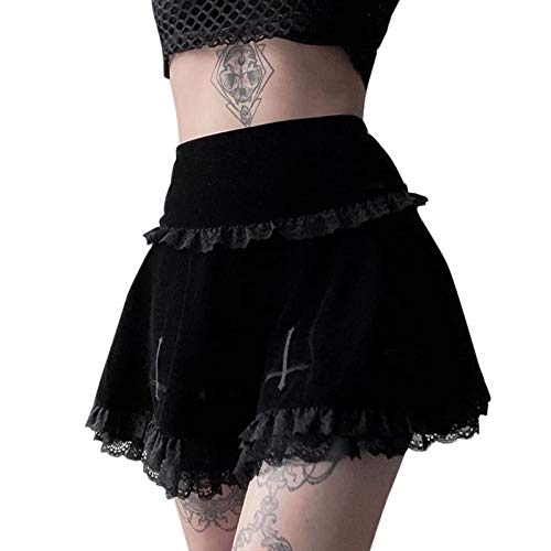 GuliriFei Damen Spitze Patchwork Mini Plissee Röcke Kreuz Stickerei Rüschen Kurzer Rock Hohe Taille A Linie Harajuku Goth Punk Rock, Schwarz , 40 von GuliriFei