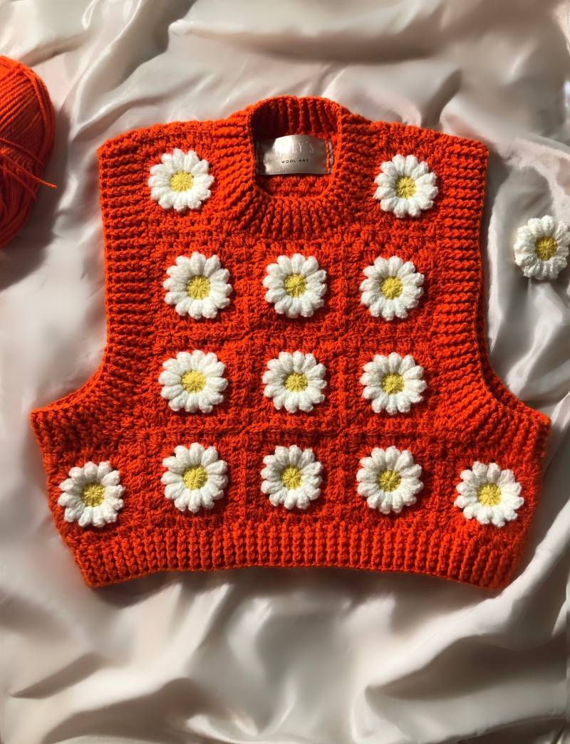 Handgemachte Orange Weste | Blümchen Crop-Weste Crochet Vest Women Häkel Crop Top von GulysCrochet