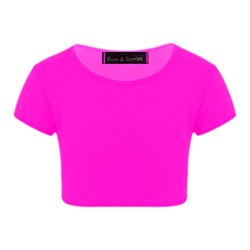 Kinder Mädchen Neon Fluoreszierendes einfarbiges bauchfreies Top Kurzarm T-Shirt T-Shirt Tanzkleidung Gymnastik Verkleidung Alter 3–14 Jahre, neon pink, 11-12 Jahre von Gum & Berries