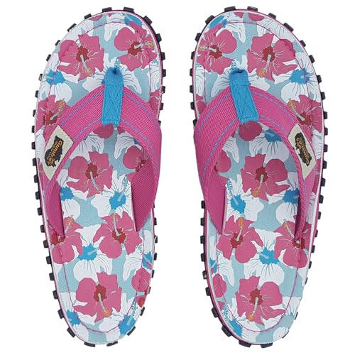 Gumbies Originals Damen - Flip Flops aus recycelten Materialien - profilierte Sohle aus wiederverwerteten Autoreifen, weiches Fußbett aus Canvas-Baumwolle, bequemer Zehensteg - Mixed Hibiscus, 43 von Gumbies