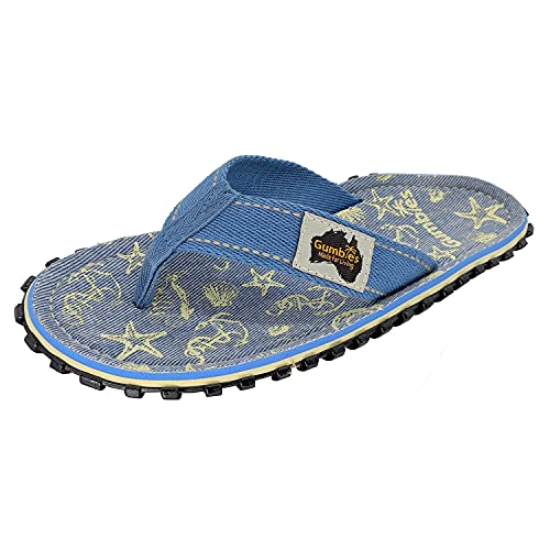 Gumbies Originals Blau - Flip Flops aus recycelten Materialien - robuste Sohle aus wiederverwerteten Autoreifen, weiches Fußbett aus Canvas-Baumwolle, bequemer Baumwoll-Zehensteg - Seashells, 36 von Gumbies