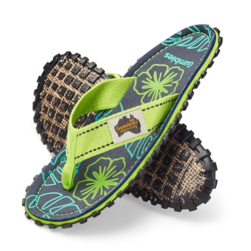 Gumbies Originals Blau - Flip Flops aus recycelten Materialien - robuste Sohle aus wiederverwerteten Autoreifen, weiches Fußbett aus Canvas-Baumwolle, bequemer Baumwoll-Zehensteg - Lime Hibiscus, 40 von Gumbies