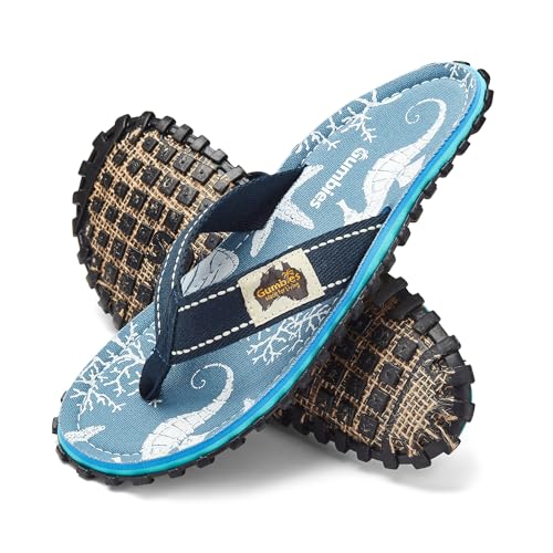 Gumbies Originals Blau - Flip Flops aus recycelten Materialien - robuste Sohle aus wiederverwerteten Autoreifen, weiches Fußbett aus Canvas-Baumwolle, bequemer Baumwoll-Zehensteg - Seahorse, 42 von Gumbies