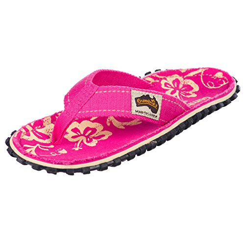 Gumbies Originals Kids - Flip Flops aus recycelten Materialien - profilierte Sohle aus wiederverwerteten Autoreifen, Fußbett aus Canvas-Baumwolle, bequemer Baumwoll-Zehensteg - Pink Hibiscus, 32 von Gumbies