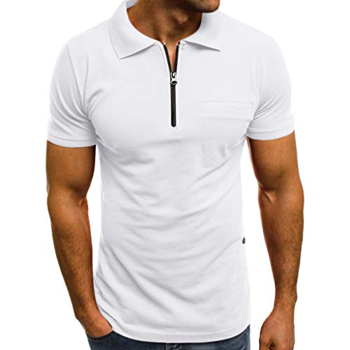 Gumiao Herren-Poloshirt, kurzärmlig, für die Freizeit, einfarbig, Kragen mit Reißverschluss, Herren-T-Shirt, kurzärmlig, lässig, Strand, Urlaub, Meer, T-Shirt für Herren, Weiß, XXL von Gumiao