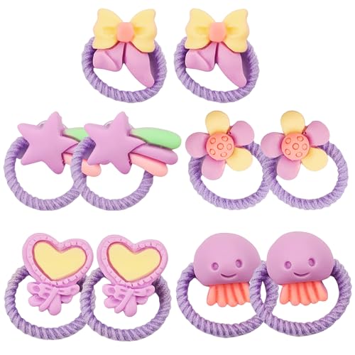 10 Stück süße kleine Haargummis für Babys, kleine Mädchen mit dünnem und mitteldickem Haar, Elastische Kinder-Haargummis mit Tier-,Früchte-,Blumen- und Schleifen-Designs (Lila) von Gummia