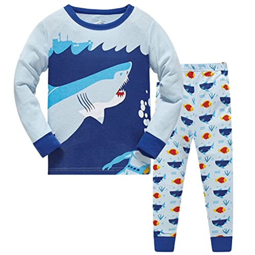 Gummia Kinder Jungen Schlafanzug 100% Baumwolle Pyjama Zweiteiliger Nachtwäsche 98 104 110 116 122 128 (DE/NL/SE/PL, Numerisch, 122, Regular, Hai Blau) von Gummia