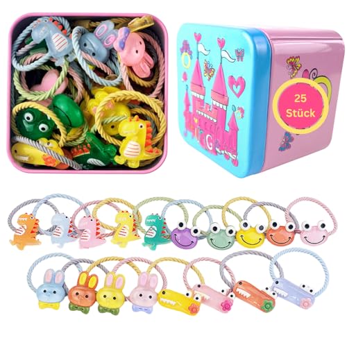Haargummis für Mädchen in einer Metallbox, kleine Haargummis, Kinder-Haarschmuck, dünne Haarbänder, elastische Haarbänder mit niedlichen Cartoon Figuren (25 Stück Kristalltiere mit Metallbox) von Gummia