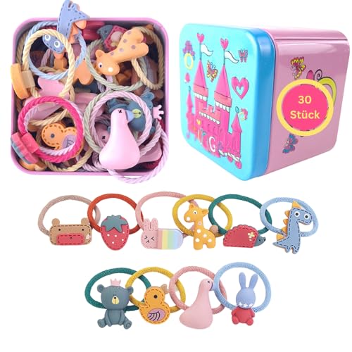 Haargummis für Mädchen in einer Metallbox, kleine Haargummis, Kinder-Haarschmuck, dünne Haarbänder, elastische Haarbänder mit niedlichen Cartoon Figuren (30 Stück Gummitiere mit Metallbox) von Gummia