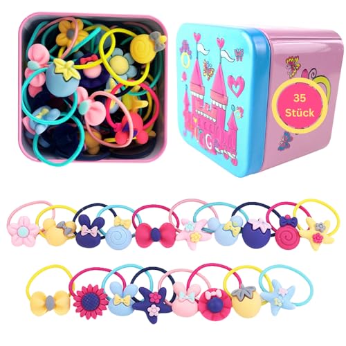 Haargummis für Mädchen in einer Metallbox, kleine Haargummis, Kinder-Haarschmuck, dünne Haarbänder, elastische Haarbänder mit niedlichen Cartoon Figuren (35 Stück Bunter Strand mit Metallbox) von Gummia