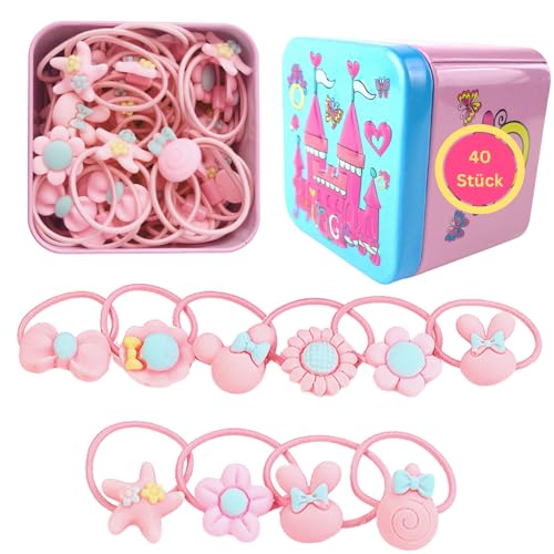 Haargummis für Mädchen in einer Metallbox, kleine Haargummis, Kinder-Haarschmuck, dünne Haarbänder, elastische Haarbänder mit niedlichen Cartoon Figuren (40 Stück Rosa Strand mit Metallbox) von Gummia