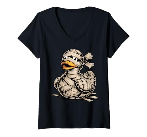 Damen Gummiente Mumie Halloween T-Shirt mit V-Ausschnitt Damen Gummiente Mumie Halloween T-Shirt mit V-Ausschnitt von Gummiente Halloweenkostüm Gruselig Kürbis