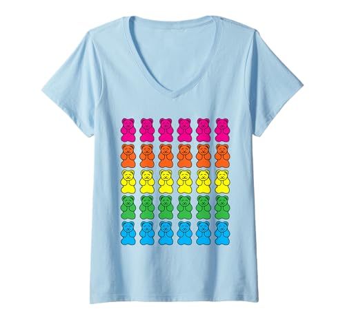 Damen Bonbonhemd mit Gummibärchen in Regenbogenfarben T-Shirt mit V-Ausschnitt Damen Bonbonhemd mit Gummibärchen in Regenbogenfarben T-Shirt mit V-Ausschnitt von Gummy Bear Shirts