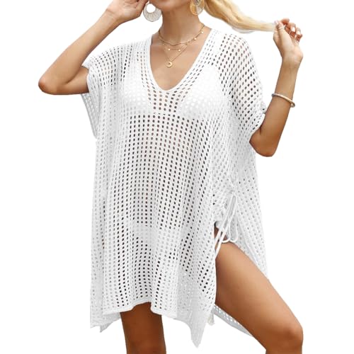 Gumyoss Bikini Cover Up Strandkleider Damen Strandkleid mit Trägern Strandponcho Gestrickt Strandkleid Cardigan Strand V-Ausschnitt Sexy Sommer Strandkleidung Einheitsgröße Weiß von Gumyoss