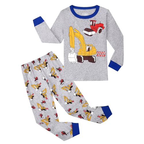 Gumyoss Jungen Schlafanzug Kinder Pyjama Junge Bagger Traktor Langarm Baumwolle Winter Weihnachten Nachtwäsche Gr.104, Grau/Bagger von Gumyoss