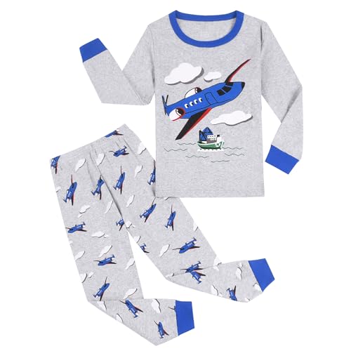 Gumyoss Jungen Schlafanzug Kinder Pyjama Junge Bagger Traktor Langarm Baumwolle Winter Weihnachten Nachtwäsche Gr.110, Grau/Flugzeug von Gumyoss