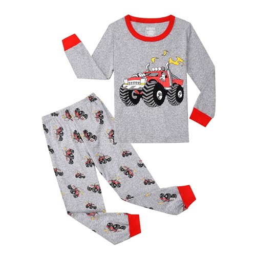 Gumyoss Jungen Schlafanzug Kinder Pyjama Junge Bagger Traktor Langarm Baumwolle Winter Weihnachten Nachtwäsche Gr.116, Grau/Truck von Gumyoss