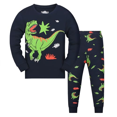 Gumyoss Jungen Schlafanzug Kinder Pyjama Junge Dinosaurier Langarm Baumwolle Winter Weihnachten Nachtwäsche Gr.116, Marineblau/Dinosaurier von Gumyoss