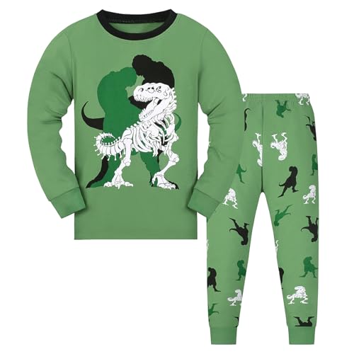 Gumyoss Jungen Schlafanzug Kinder Pyjama Junge Dinosaurier Langarm Baumwolle Winter Weihnachten Nachtwäsche Gr.128, Grün 2/ Dinosaurier von Gumyoss