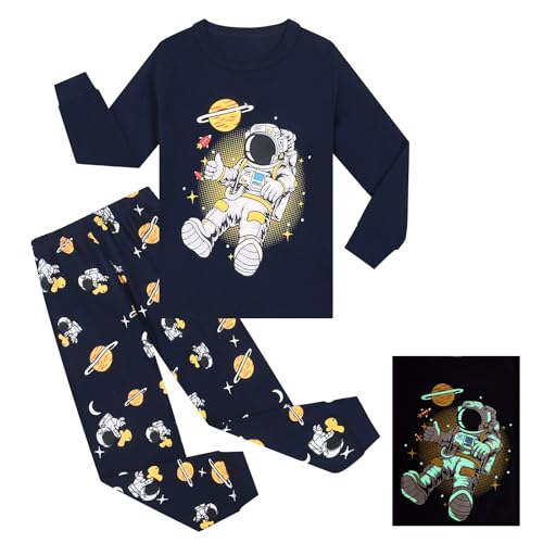 Gumyoss Jungen Schlafanzug Kinder Pyjama Junge Weltraum Planet Langarm Baumwolle Winter Weihnachten Nachtwäsche Gr.134, Glow in The Dark/Space 1 von Gumyoss