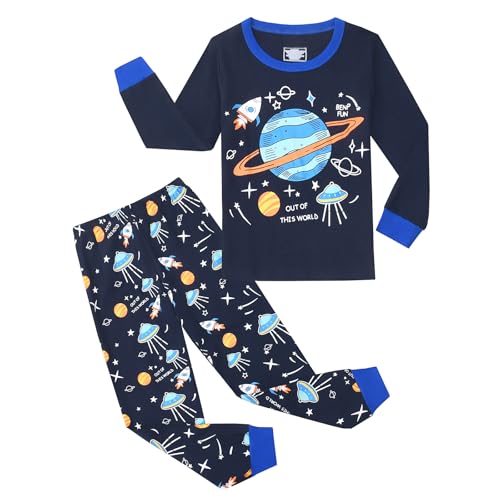 Gumyoss Jungen Schlafanzug Kinder Pyjama Junge Weltraum Planet Langarm Baumwolle Winter Weihnachten Nachtwäsche Gr.134, Marine/Weltraum von Gumyoss