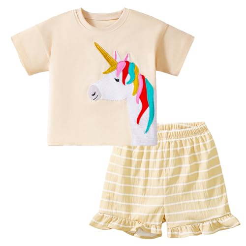 Gumyoss Mädchen Bekleidungsset Einhorn Kurzärmliges T-Shirt und Shorts Set Kinder Sommer Outfit Gelb Kleidung Set Mädchen Gr.122 von Gumyoss