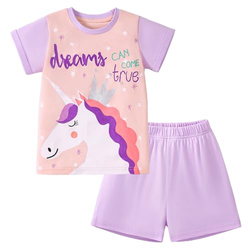 Gumyoss Mädchen Bekleidungsset Einhorn Kurzärmliges T-Shirt und Shorts Set Kinder Sommer Outfit Lila Kleidung Set Mädchen Gr.116 von Gumyoss