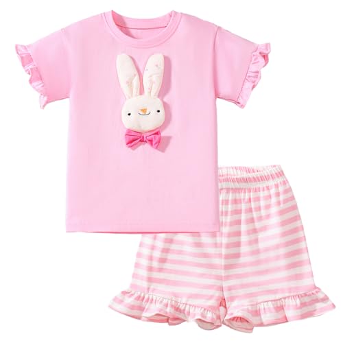 Gumyoss Mädchen Bekleidungsset Häschen Kurzärmliges T-Shirt und Shorts Set Kinder Sommer Outfit Rosa Kleidung Set Mädchen Gr.122 von Gumyoss