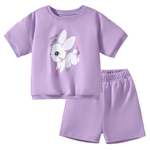 Gumyoss Mädchen Bekleidungsset Kaninchen Kurzärmliges T-Shirt und Shorts Set Kinder Sommer Outfit Lila Kleidung Set Mädchen Gr.98 von Gumyoss