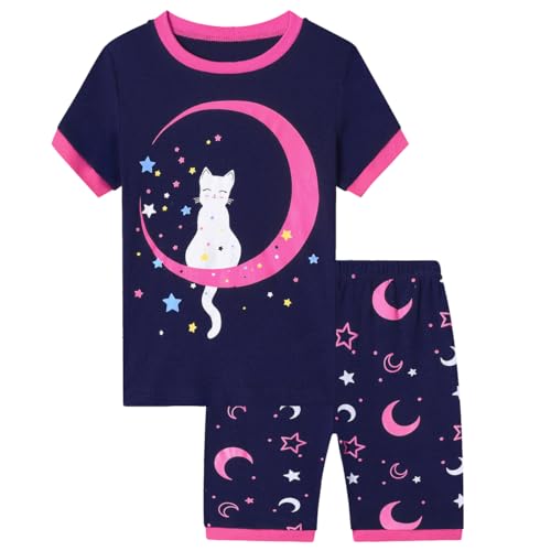 Gumyoss Mädchen Bekleidungsset Katze Kurzärmliges T-Shirt und Shorts Set Kinder Sommer Outfit Mond Kleidung Set Mädchen Gr.122 von Gumyoss