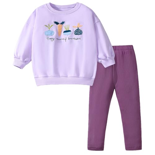 Gumyoss Mädchen Bekleidungsset Lange Tops Lila Baumwolle Langarm Sweatshirt Top+Legging 2-Piece Outfits Set Gr.116 von Gumyoss