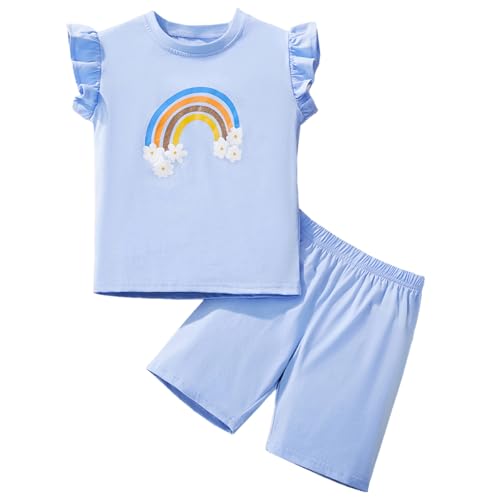 Gumyoss Mädchen Bekleidungsset Regenbogen Kurzärmliges T-Shirt und Shorts Set Kinder Sommer Outfit Blau Kleidung Set Mädchen Gr.104 von Gumyoss
