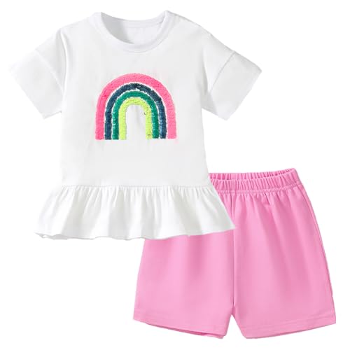 Gumyoss Mädchen Bekleidungsset Regenbogen Kurzärmliges T-Shirt und Shorts Set Kinder Sommer Outfit Weiß Kleidung Set Mädchen Gr.110 von Gumyoss