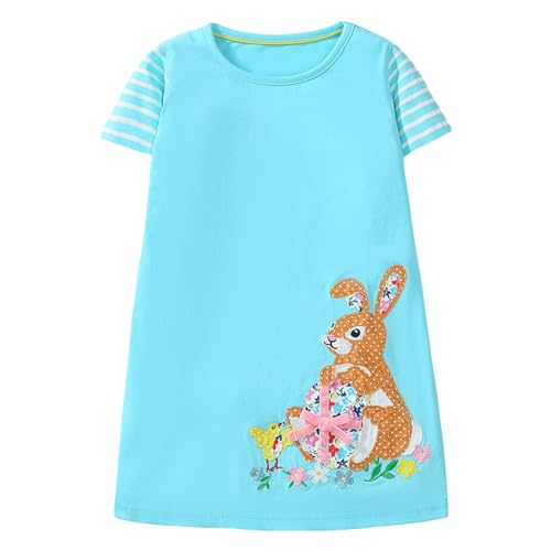 Gumyoss Mädchen Kleider Hase Ostern Geschenke Kleid Kleider für Mädchen Sommer Party Baumwolle Kleid 122,Hase/Blau von Gumyoss