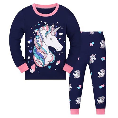 Gumyoss Mädchen Schlafanzug Einhorn Kinder Pyjama Baumwolle Langarm Winter Unicorn Schlafanzüge Zweiteiliger Größe 128, Marineblau/Einhorn von Gumyoss
