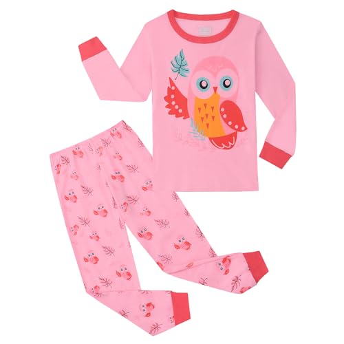 Gumyoss Mädchen Schlafanzug Eule Kinder Pyjama Baumwolle Langarm Winter Schlafanzüge Zweiteiliger Größe 110, Rosa/Eule von Gumyoss