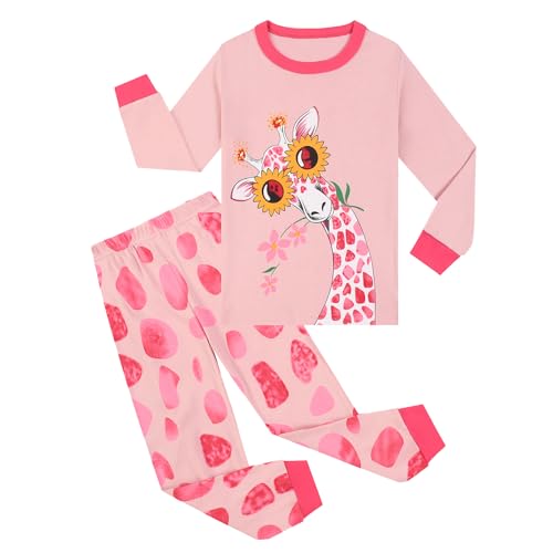 Gumyoss Mädchen Schlafanzug Giraffe Kinder Pyjama Baumwolle Langarm Winter Unicorn Schlafanzüge Zweiteiliger Größe 146, Pink/Giraffe von Gumyoss
