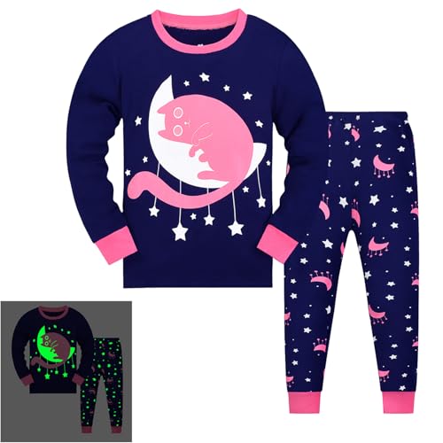 Gumyoss Mädchen Schlafanzug Katze Kinder Pyjama Baumwolle Langarm Winter Cat Schlafanzüge Zweiteiliger Größe 110, Im Dunkeln Leuchtend/Katze von Gumyoss