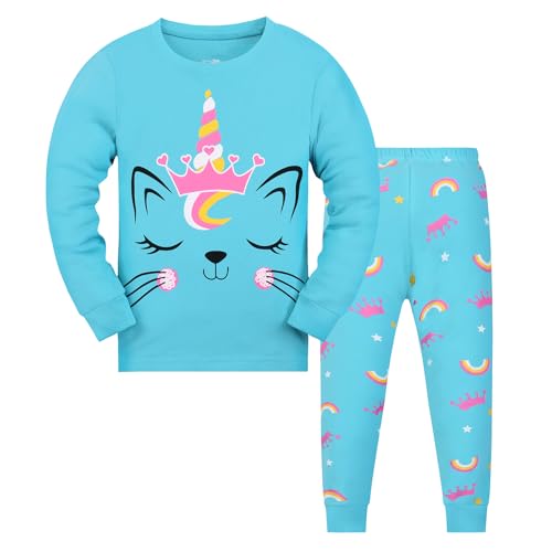 Gumyoss Mädchen Schlafanzug Katze Kinder Pyjama Baumwolle Langarm Winter Cat Schlafanzüge Zweiteiliger Größe 116, Hellblau/Katze von Gumyoss