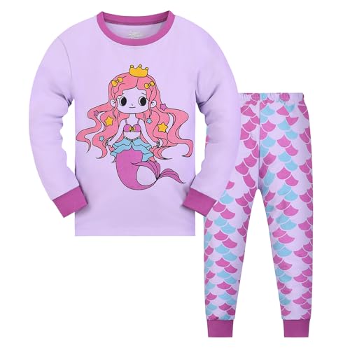 Gumyoss Mädchen Schlafanzug Meerjungfrau Kinder Pyjama Baumwolle Langarm Winter Mermaid Schlafanzüge Zweiteiliger Größe 152, Lila/Meerjungfrau von Gumyoss